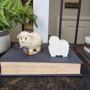 Lot of 2 Sheep Decor | Ceramic Figurine with Bell & Wood Cutout Farmhouse Spring
